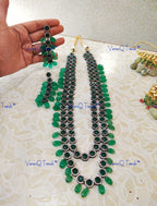 VeroniQ Trends-Beautiful Victorian Layered Gold Plated Green Polki Long Necklace With Green Quartz Beads Polki-Gold Plated-Wedding Jewelry-Punjabi Jewelry-South Indian-Thappa Jewelry