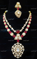 VeroniQ Trends-Victorian Double Line Emerald Ruby And Polki Silver Necklace 92.5 Silver Moissanite Diamond Polki-Gold Plated-Wedding Jewelry-Punjabi Jewelry-South Indian-Thappa Jewelry