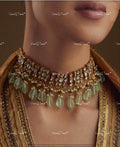 VeroniQ Trends-Elegant Gold Plated Pachi Kundan Choker Necklace With Green Carved Beads Kundan-Gold Plated-Wedding Jewellery-Punjabi Jewellery-South Indian-Thappa Jewellery