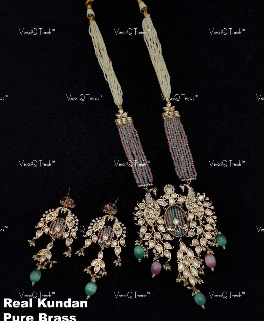 VeroniQ Trends-Elegant Peacock Design Gold Plated Multistrand Polki Long Necklace Polki-Gold Plated-Wedding Jewellery-Punjabi Jewellery-South Indian-Thappa Jewellery