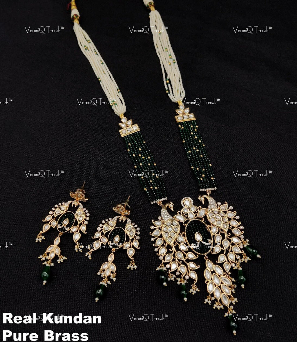 VeroniQ Trends-Elegant Peacock Design Gold Plated Multistrand Polki Long Necklace Polki-Gold Plated-Wedding Jewellery-Punjabi Jewellery-South Indian-Thappa Jewellery